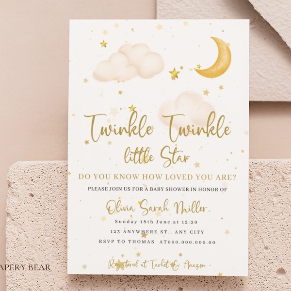 Editable Twinkle Twinkle Little Star Baby Shower Invitation , Gold Stars & Clouds Invitation, Moon Baby Shower Invitation, Digital Download
