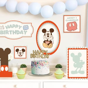 Mickey Mouse Printable Posters | Vintage Mickey Birthday Party Wall Decor | Red Green Stripe Nursery Kids Room Art Instant Download