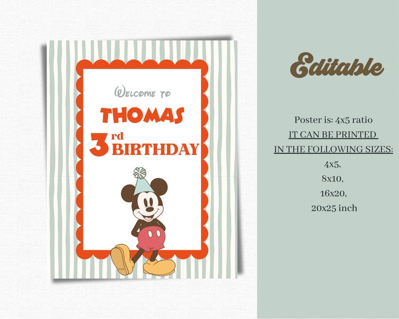 Puede incluir: Un p&oacute;ster de cumplea&ntilde;os con Mickey Mouse. El p&oacute;ster tiene un borde rojo festoneado y el texto "Welcome to Thomas 3rd Birthday". El fondo tiene un patr&oacute;n de rayas. La palabra "Editable" est&aacute; en la parte superior.
