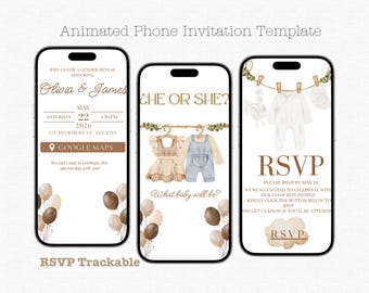 May include: Animated phone invitation template for a gender reveal. The design features three smartphone screens with watercolor illustrations of baby clothes, balloons, and RSVP details. The text includes the names "Olivia & James" and event information.