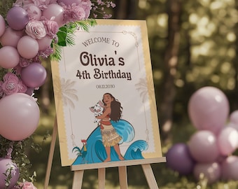 Moana Birthday Welcome Sign, Printable Moana Party Sign, Tropical Ocean Theme Decor, Digital Birthday Poster for Girls