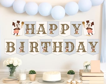 Pancarta de feliz cumpleaños de Mickey Mouse, decoración azul para fiestas Disney (descarga digital)