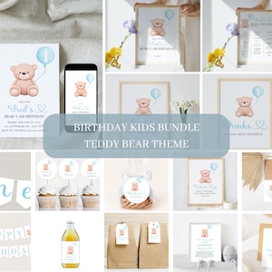 Bear Balloon First Birthday Invitation Bundle, Beary First Birthday Boy, 1st Bear Birthday Invitation, Blue Bear Party Decorations, Digital