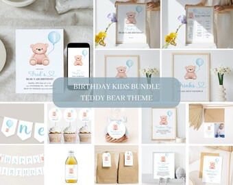 Set di inviti di compleanno a tema orsetto, decorazioni per feste blu (digitali)