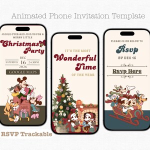May include: Animated phone invitation template with three phone screens. The screens display Christmas-themed graphics featuring Mickey Mouse and friends. Text includes "Christmas Party," "Wonderful Time," and "RSVP Here."