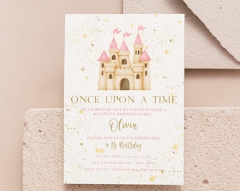 May include: A pink and beige castle illustration with gold glitter on a white background. The text "Once Upon A Time" is at the top of the invitation. The text "Olivia" is in a larger font and the text "4th Birthday" is below it. The invitation is for a birthday party.