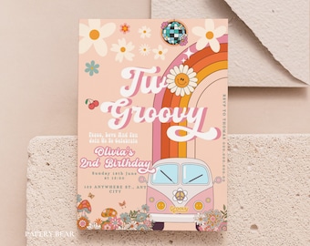 Two Groovy 2nd Birthday Invitation, Rainbow Van, Hippie Invite (Digital)