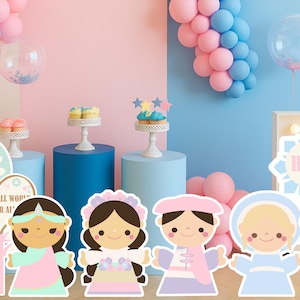 May include: A colorful party scene with pink and blue balloons, cupcakes on pedestals, and cutouts of diverse children in traditional clothing. Decorative signs with text are also present, creating a festive atmosphere.