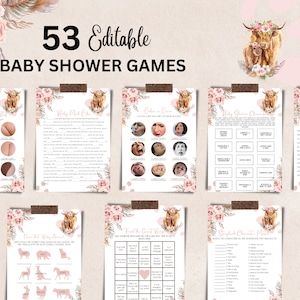 Editable Holy Cow Girl Baby Shower Game Bundle, Highland Cow Girl Baby Shower Games, Boho Pampas Highland Cow Games, Digital Download