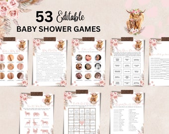 Editable Holy Cow Girl Baby Shower Game Bundle, Highland Cow Girl Baby Shower Games, Boho Pampas Highland Cow Games, Digital Download