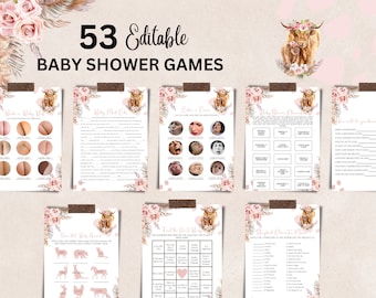 Op de afbeelding: 53 bewerkbare babyshower-spellen met een roze en bruine bloemenprint. De spellen bevatten een Hooglandkoe met een bloemenkrans.