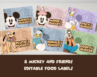 Peut inclure: Ensemble de huit étiquettes alimentaires modifiables avec des personnages Disney. Chaque étiquette présente un personnage différent : Mickey, Minnie, Daisy, Pluto, Donald et Dingo. Les étiquettes ont un fond de style bande dessinée et incluent le texte "Mickey's Nuggets", "Minnie's Nuggets", "Daisy's Burger", "Pluto's Nuggets", "Donald's Nuggets", et "Goofy's Burger".