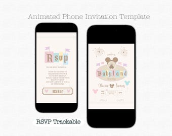 May include: Two smartphones displaying animated invitation templates. One features "Rsup" text with pastel colors, the other says "Babyland" with a Mickey Mouse design. The text "RSVP Trackable" is at the bottom.