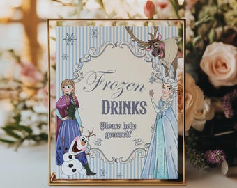 May include: A framed sign with the words "Frozen Drinks" and "Please help yourself" in a decorative font. The sign features illustrations of characters from the movie Frozen, including Anna, Elsa, Olaf, and Sven, set against a light blue striped background.