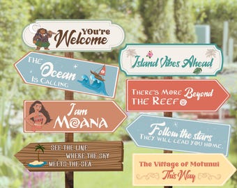 Letreros direccionales para fiestas de Moana, decoración de isla tropical (descarga digital)