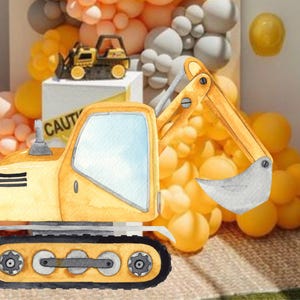 Può includere: Illustrazione ad acquerello di un escavatore giallo con una finestra blu e una benna argentata. L'escavatore è ambientato su uno sfondo di palloncini gialli, pesca e grigi. Un piccolo bulldozer giocattolo è su un blocco bianco.