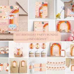 Groovy One Birthday Invitation Bundle, Editable Birthday Retro Package, Hippie Van 70s Vibe, Party 1st Birthday Bundle, Instant Download