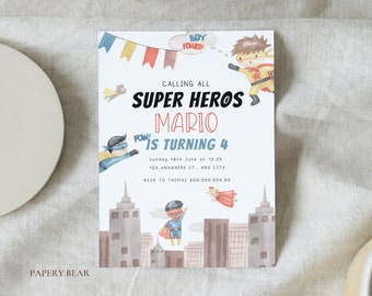Editable Superhero Invitation, Superhero Birthday, Watercolor Superhero Party, Superhero Invitation Template, Editable Invitation