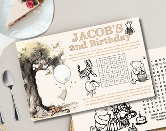 Classic Winnie The Pooh Birthday Placemat Party Activity Sheet, Pooh Bear Birthday Kids Activity Sheet, Editable, Instant Download