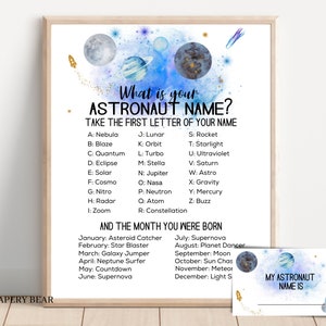 Op de afbeelding: Een afdrukbare poster met een ruimtethema in blauw, wit en goud. De poster bevat een lijst met astronautennamen op basis van de eerste letter van de naam van een persoon. De poster bevat ook een lijst met ruimtethema-namen voor elke maand van het jaar. De poster is getiteld "Wat is je astronautennaam?" en bevat de tekst "Neem de eerste letter van je naam".