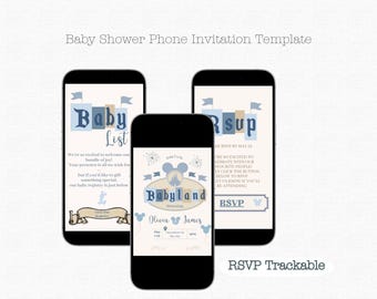 May include: Three smartphones displaying a baby shower invitation template. The design features a light blue and beige color scheme with decorative elements. The text includes "Baby List", "Babyland", and "RSVP". The invitation is designed for mobile use.