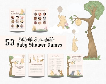 53 POOH Editable Baby Shower Games, Winnie-The-Pooh Classic Party Games, Download, Piglet Owl Kanga Roo, Printable Baby Games, Digital