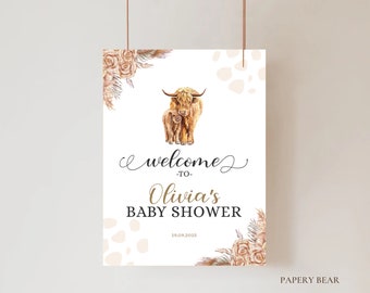 Välkomstskylt för babyshower med höglandskon, bohemiska blommor (digital nedladdning)