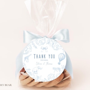 Toile De Jouy Baby Shower Thank you Tag Sticker, Editable Blue Toile Favour Tag, Boy Baby Shower, Toile Print, Instant Download, Digital