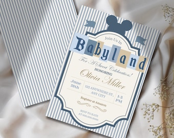 May include: Baby shower invitation with a blue and white striped background. The invitation reads "Babyland" and includes details for the event, such as the date, time, and location. The design features a Mickey Mouse silhouette.