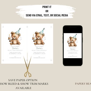 May include: Printable invitation for a first birthday party with a cute cartoon bear holding a cake with a candle. The invitation has a blue and white party hat on the bear's head and the text "Tharn's Bear 1st Birthday" on the invitation.