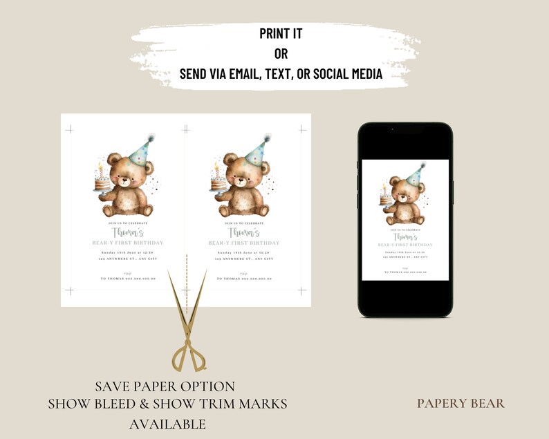 May include: Printable invitation for a first birthday party with a cute cartoon bear holding a cake with a candle. The invitation has a blue and white party hat on the bear's head and the text "Tharn's Bear 1st Birthday" on the invitation.