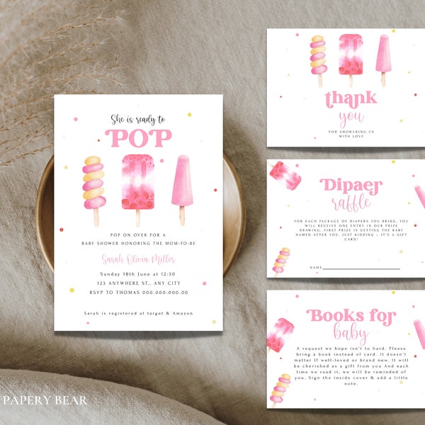 Editable She's Ready to Pop Baby Shower Invitation Bundle, Pink Popsicle Baby Shower Invite, Boy Summer Baby Shower, Sweets Baby Shower