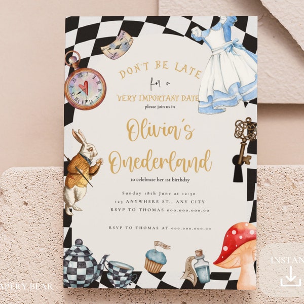 Alice in Wonderland Invitation Digital Template, Alice in Onederland 1st Birthday Invite, Mad Tea Party, EDITABLE Printable Instant Download