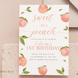 Dulce como una invitación de cumpleaños de melocotón, invitación de cumpleaños de melocotón, primera invitación de cumpleaños, dulce como un cumpleaños de melocotón, 1er cumpleaños, digital
