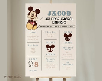 Mickey Milestone Birthday Sign, Printable Retro Mouse Birthday Poster, Vintage Birthday Theme, First Birthday Stats Sign, Digital Download