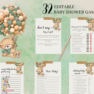 32 Bär Salbei-Grüne Luftballons Baby Shower Spiele, Baby Shower Spiele Bundle, druckbare Baby Party Spiele, Teddy Bär Baby Shower, Instant Download