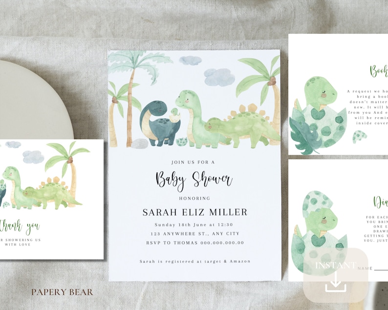 Dinosaur Baby Shower Invitation Templates Set Printable Dino Etsy
