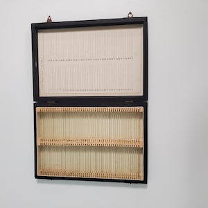 May include: A black wooden box with a hinged lid, containing rows of empty glass microscope slides. The lid has a numbered chart for organizing the slides.