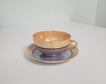 Vintage Japanese BLUE and PEACH LUSTERWARE Teacup & Saucer
