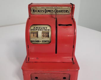 1970&#39;s Vintage Red Uncle Sam&#39;s 3 Coin Metal Cash Register Bank