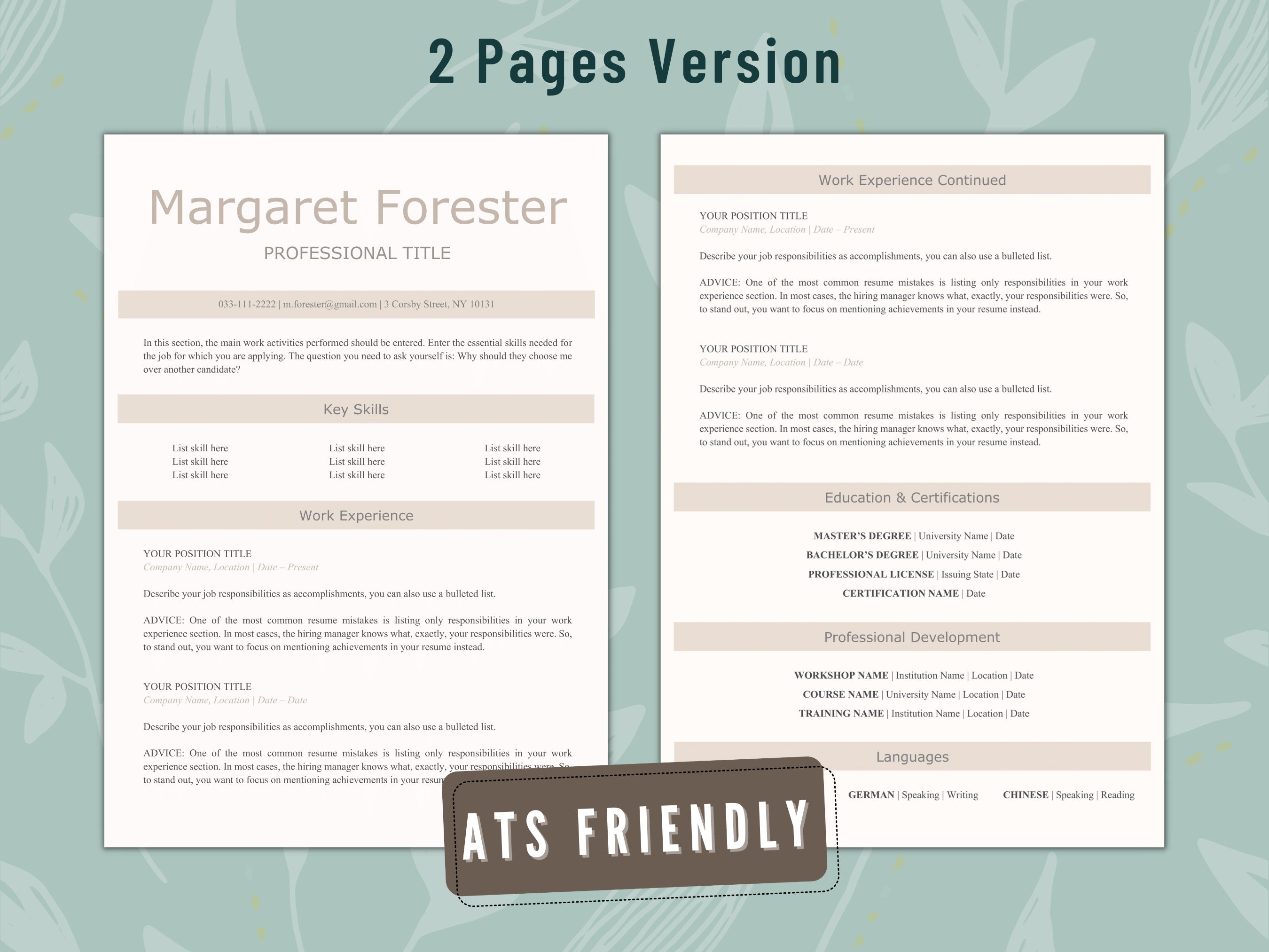 ATS Friendly Resume Template Word With Cover Letter and - Etsy