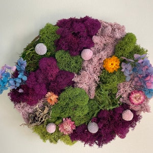 Moskunst op houten schijf 10&quot;*10&quot; - Purple Meadows