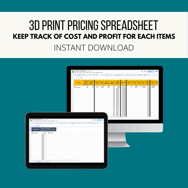 3D Print Pricing Spreadsheet use with Google Sheets to keep track of cost and profit for 3D prints bookkeeping