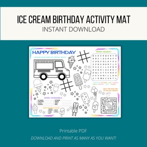 Birthday Ice Cream Activity Placemat | Popsicles Birthday Coloring Placemat for Kids | Birthday Ice Cream Truck Table Mat Activity Games