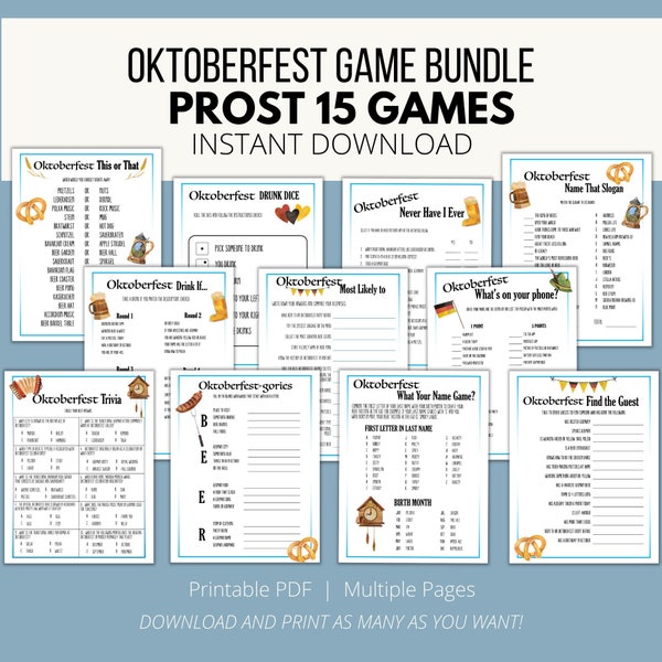 Oktoberfest Adult Party Game Printable Bundle, 15 Games including Ice Breakers, Getting to Know You, Drinking Games, Octoberfest Knowledge