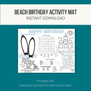 Beach Birthday Activity Placemat | Sand Castle Birthday Coloring Placemat for Kids | Surf Up Table Mat Activity Games