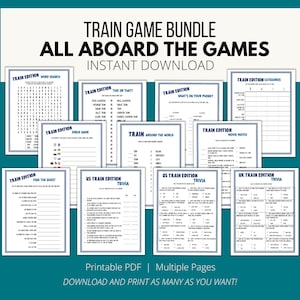 Pacote de jogos de atividades de trem | 40 jogos imprimíveis com tema de trem para jogos em família, clubes de trem, festas de aniversário, chás de bebê