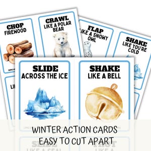 white background close up of the cards slide across the ice, shake like a bell, crawl like a polar bear,  winter action cards, easy to cut apart.