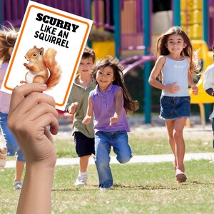 shows kids outside run with a teacher hand holding scurry like an squirrel.