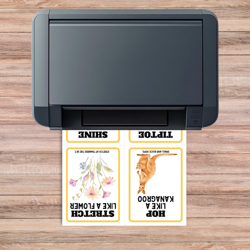 printer on desk printing hop like a kangaroo, stretch like a flower